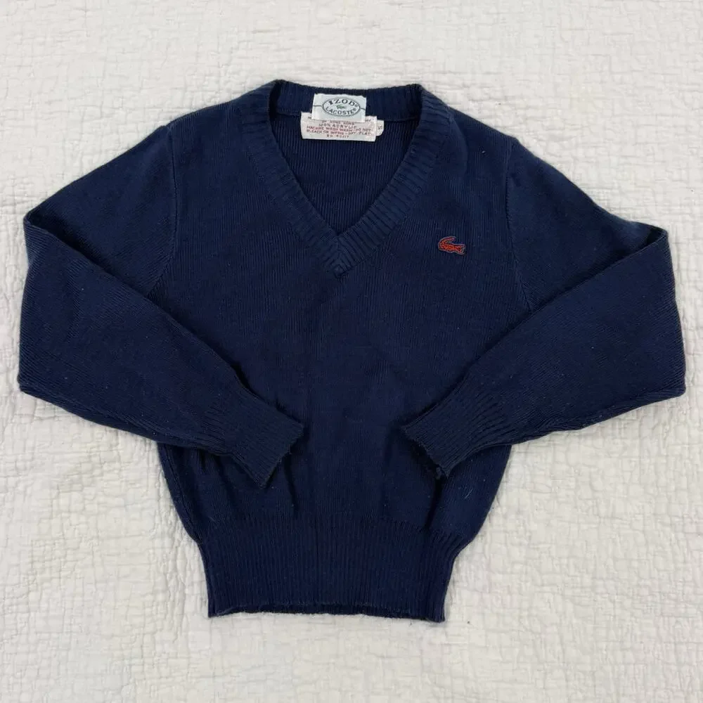 Vintage Lacoste Kids V-Neck Acrylic Knit Pullover Sweater Blue Crocodile Size 5